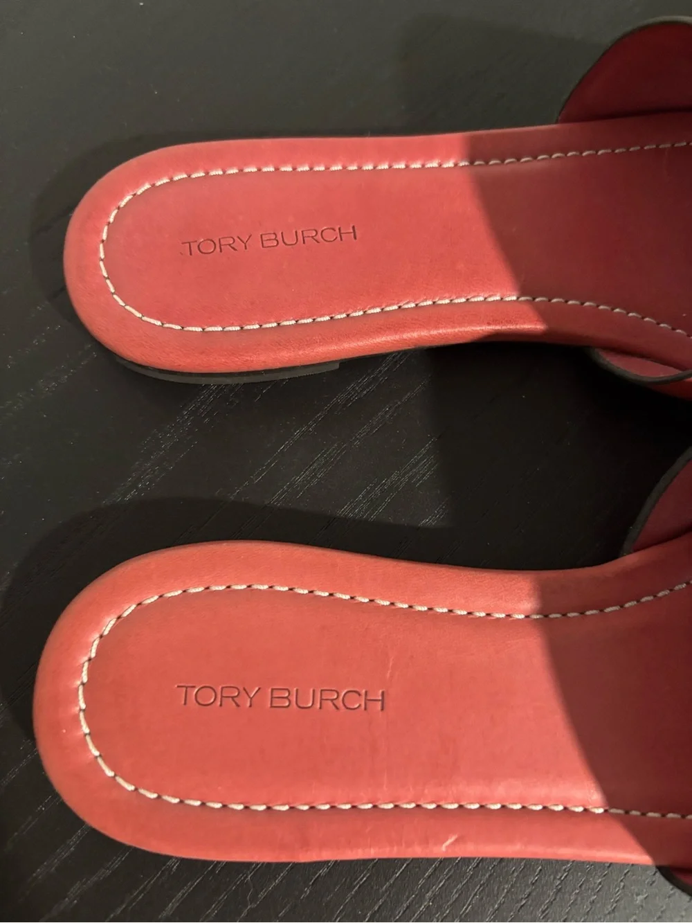 Tory Burch Coral-Red Leather Slide Sandals with Gold Logo